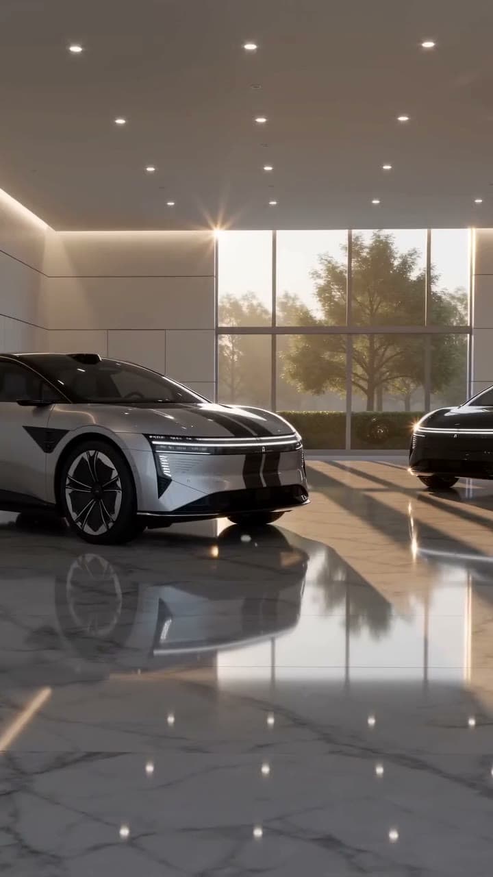 Luxury EV showroom dolly shot. AI-generated automotive commercial