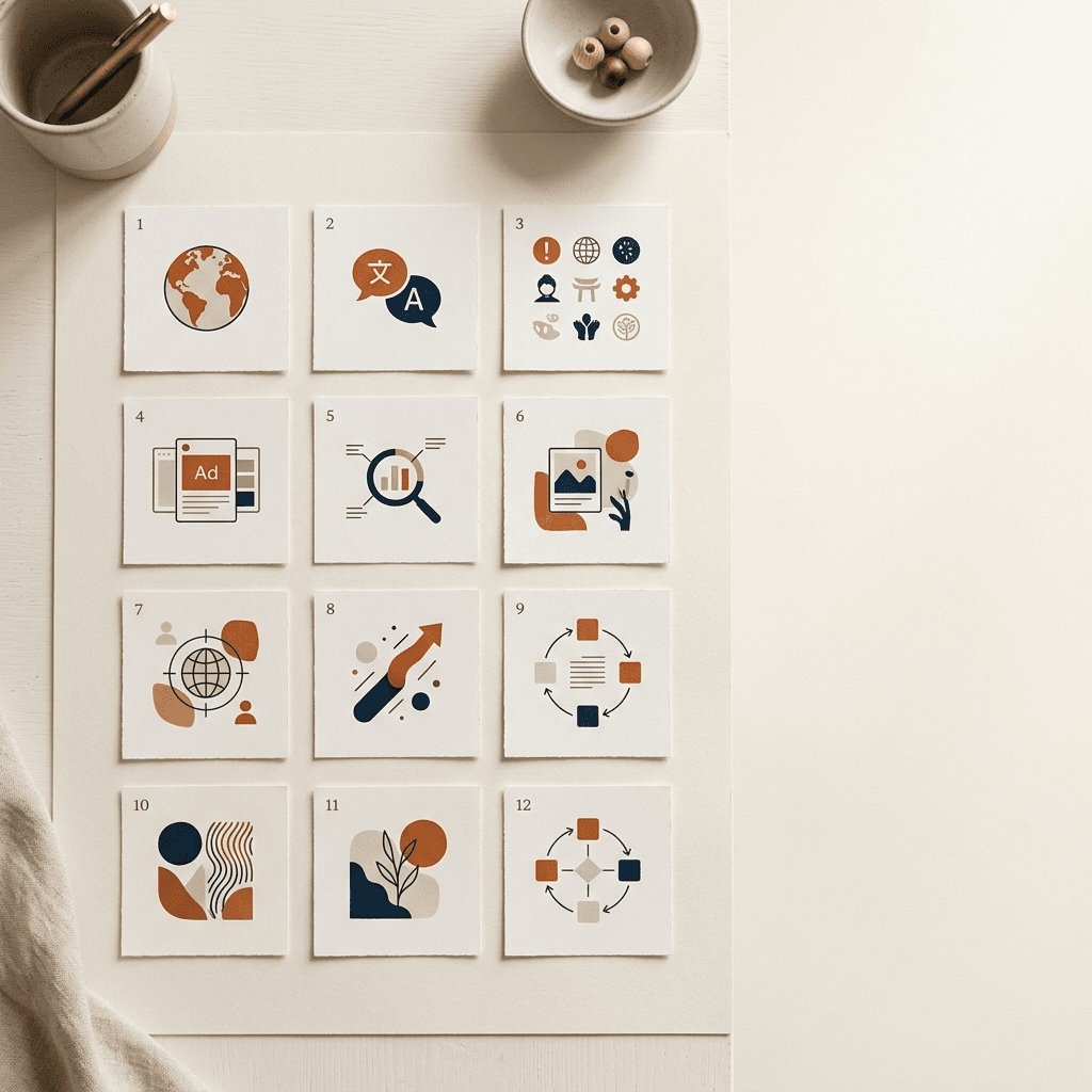 Overhead flat lay of one product styled four ways for four markets on a warm off-white Nordic surface.