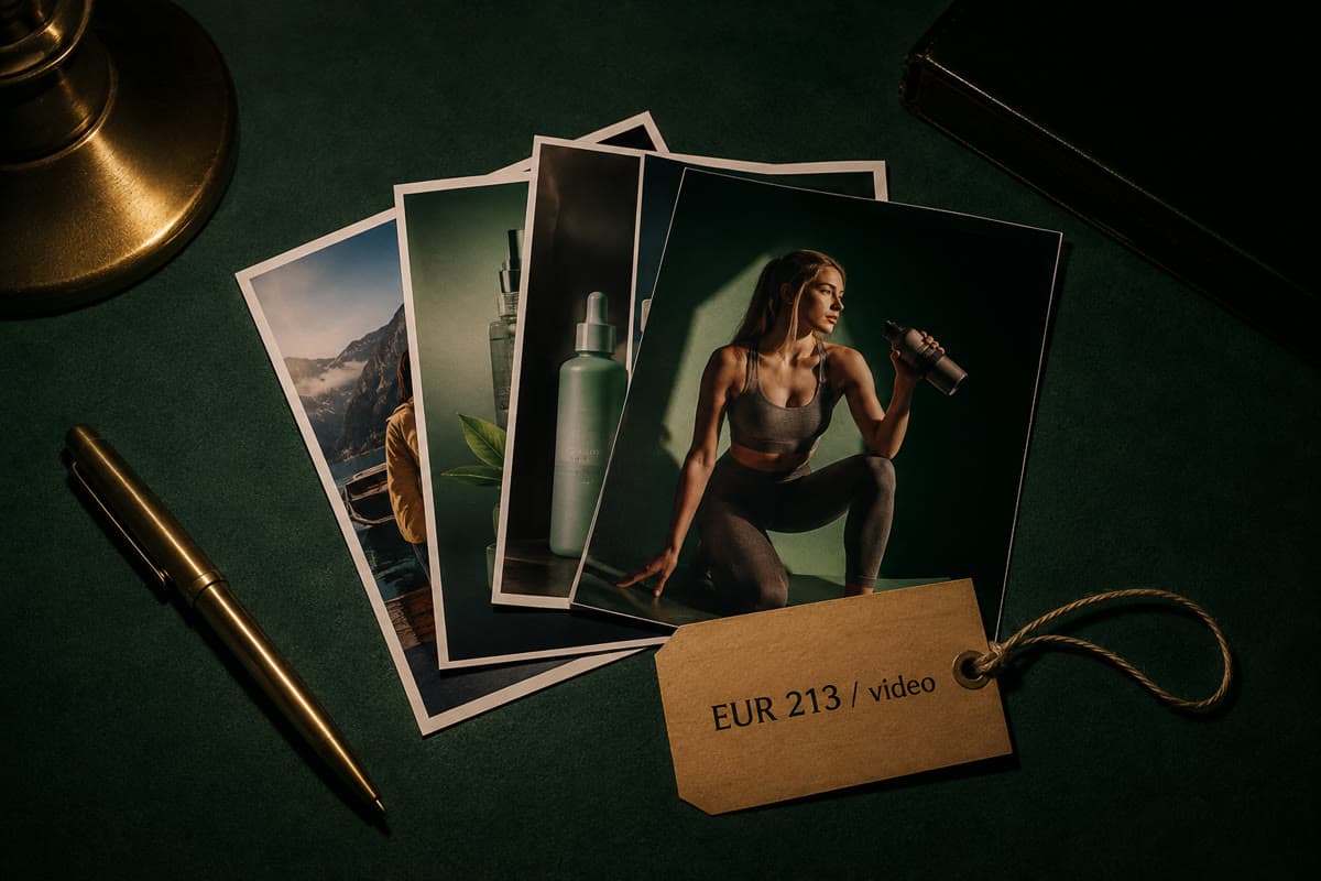 Printed ad creatives on a desk with a per-video price tag