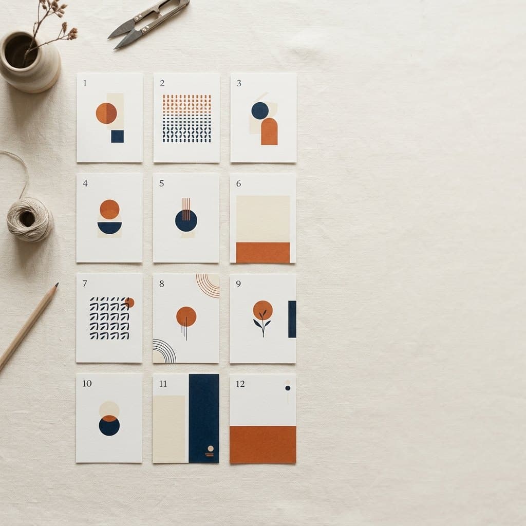 Overhead flat lay of dated paper cards laid out as a repeating monthly cadence on a warm off-white Nordic surface.