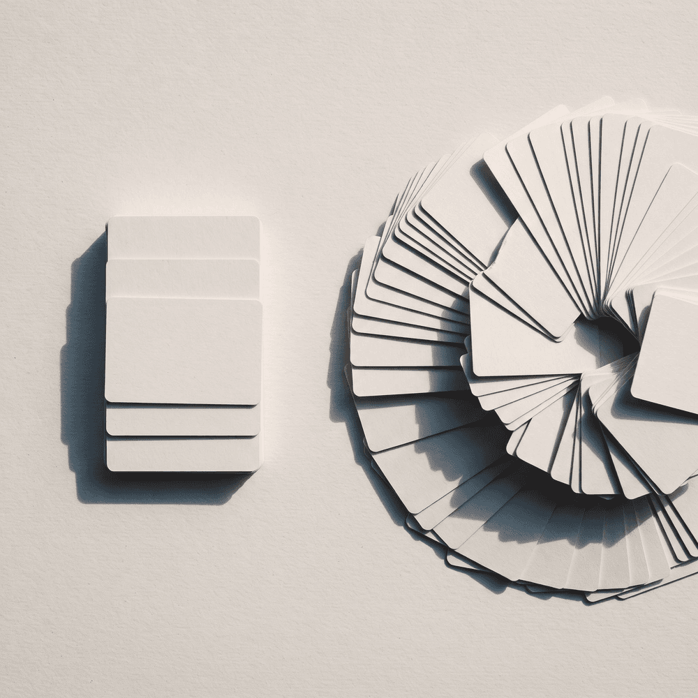 Editorial overhead flat lay of paper ad-frame cards with CPM and frequency labels on a warm off-white Nordic studio surface