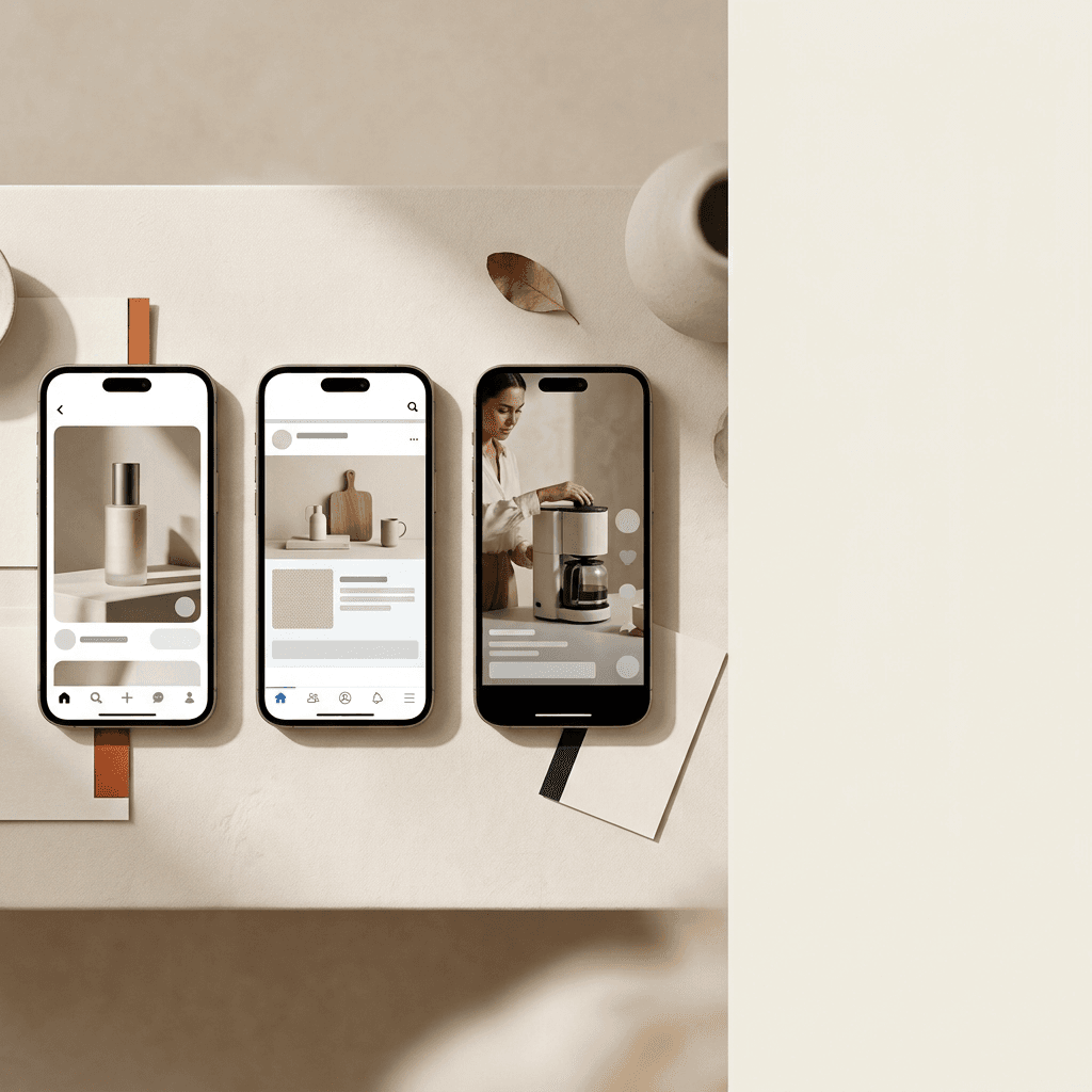 Editorial overhead flat lay of three grouped rows of vertical Pinterest Pin cards on a warm off-white Nordic studio surface, representing discovery, consideration, and shopping stage creative, with burnt orange and deep ink paper accents