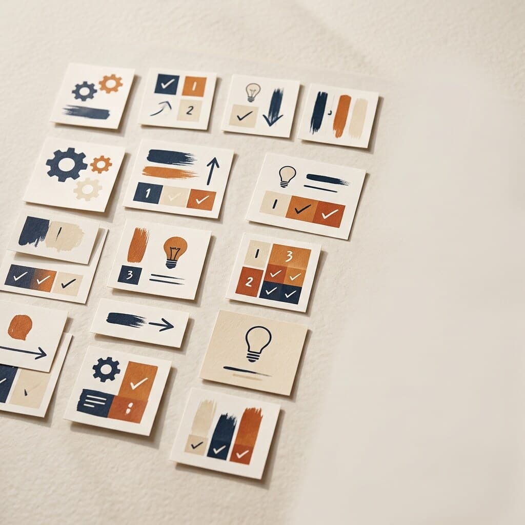 Overhead flat lay of small labeled cards on a warm off-white Nordic studio surface, arranged into a numbered ownership grid for an AI creative team.
