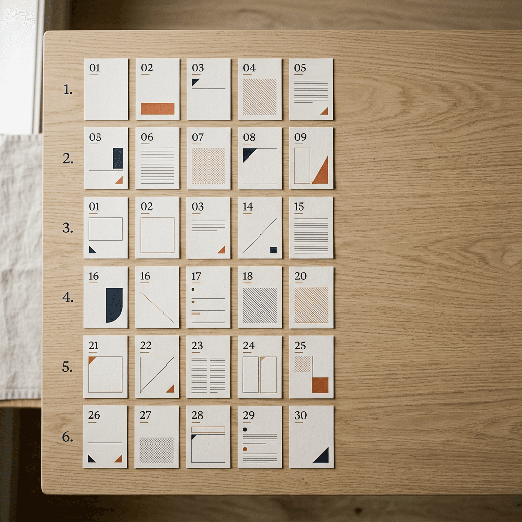Editorial overhead flat lay of a modular grid of small numbered paper cards on a warm off-white Nordic studio surface with burnt orange and deep ink accents, suggesting winning hooks torn down and reassembled into families.