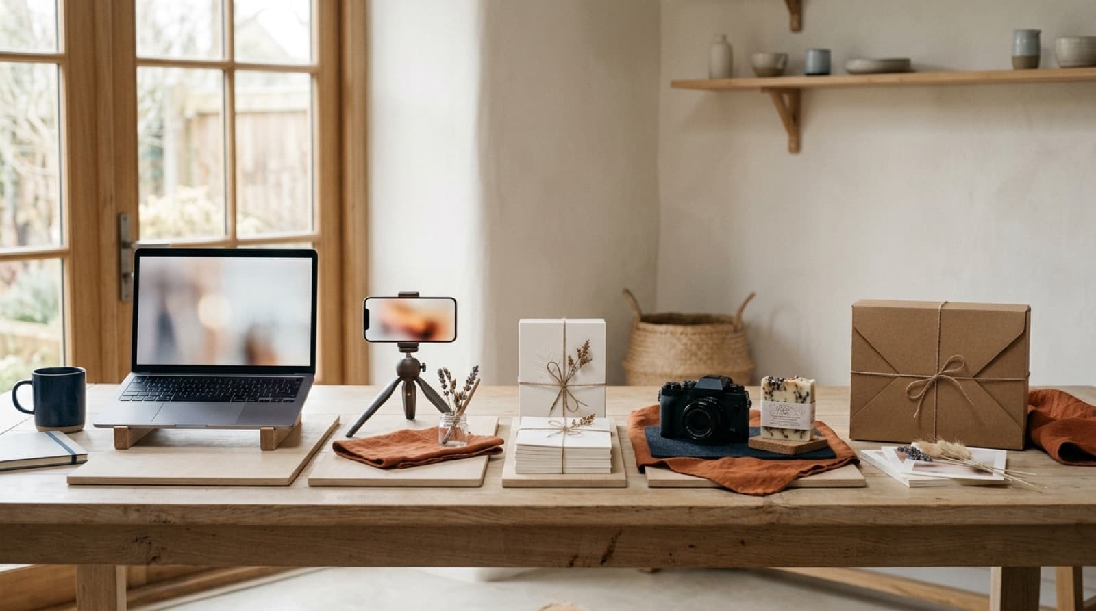 One long warm white desk with four separate production stations for ad creative, the third station lit brighter than the rest