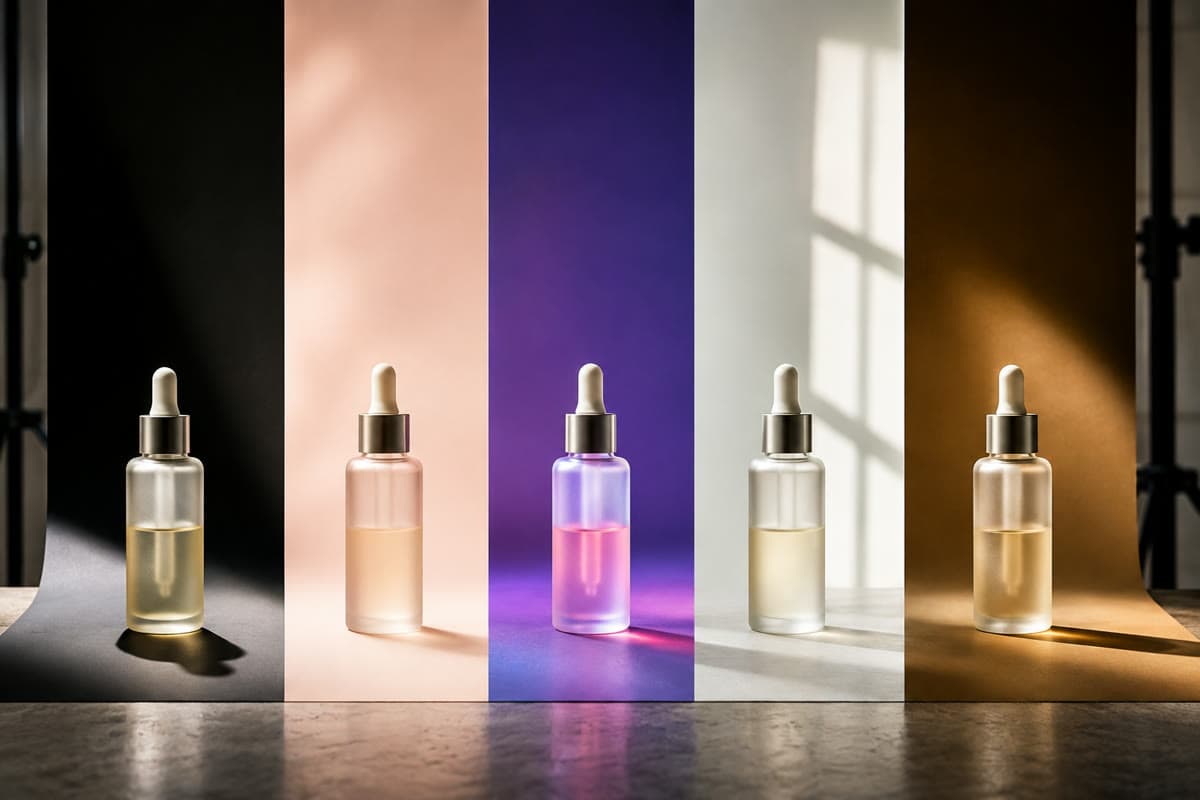 Five identical product bottles lit five different ways on a studio tabletop
