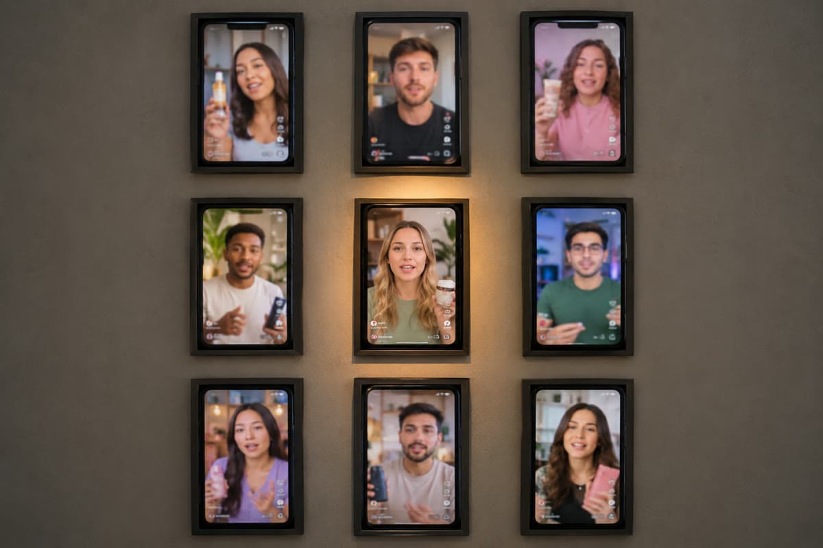 A gallery wall of framed phone-shaped screens showing different UGC ads, one spotlit