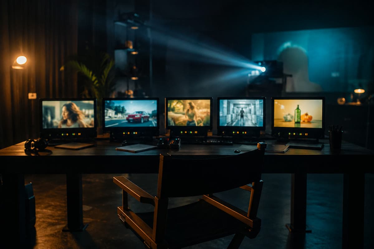 A dark screening room with five monitors playing different commercials
