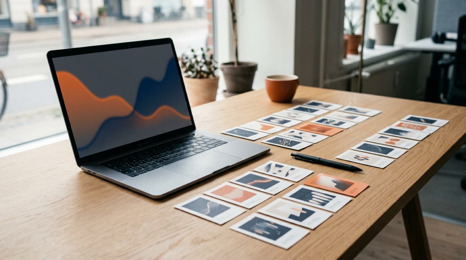 Editorial overhead scene of a laptop showing softly blurred ad performance curves beside five sorted groups of small printed ad frame cards on a warm white desk, a few tinted burnt orange.