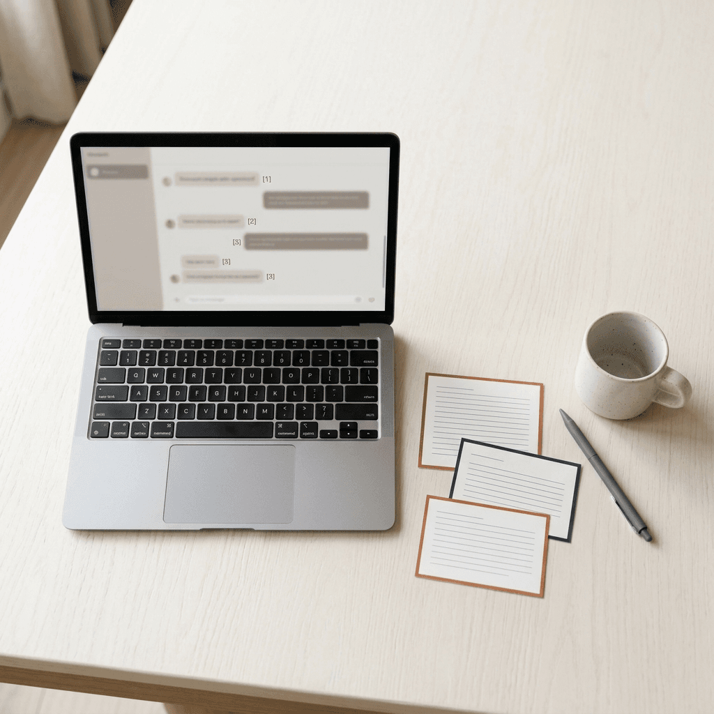 Editorial overhead flat lay of paper source cards beside a laptop with a blurred chat-answer interface, on a warm off-white Nordic surface