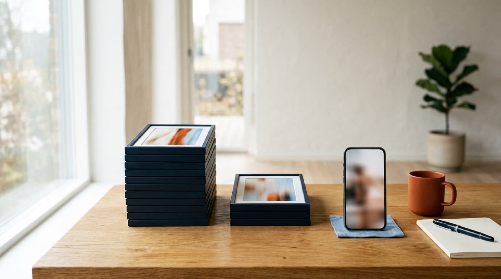 A phone and printed vertical ad frames on a review desk, one frame carrying a small blurred disclosure chip in the corner
