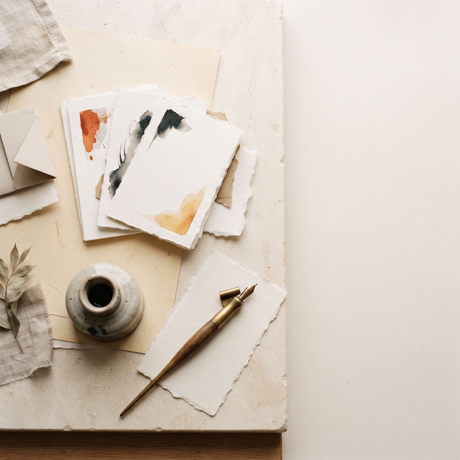Editorial flat lay of numbered paper cards and a single product element on a warm off-white Nordic surface, suggesting a framework for getting cited by Claude AI.