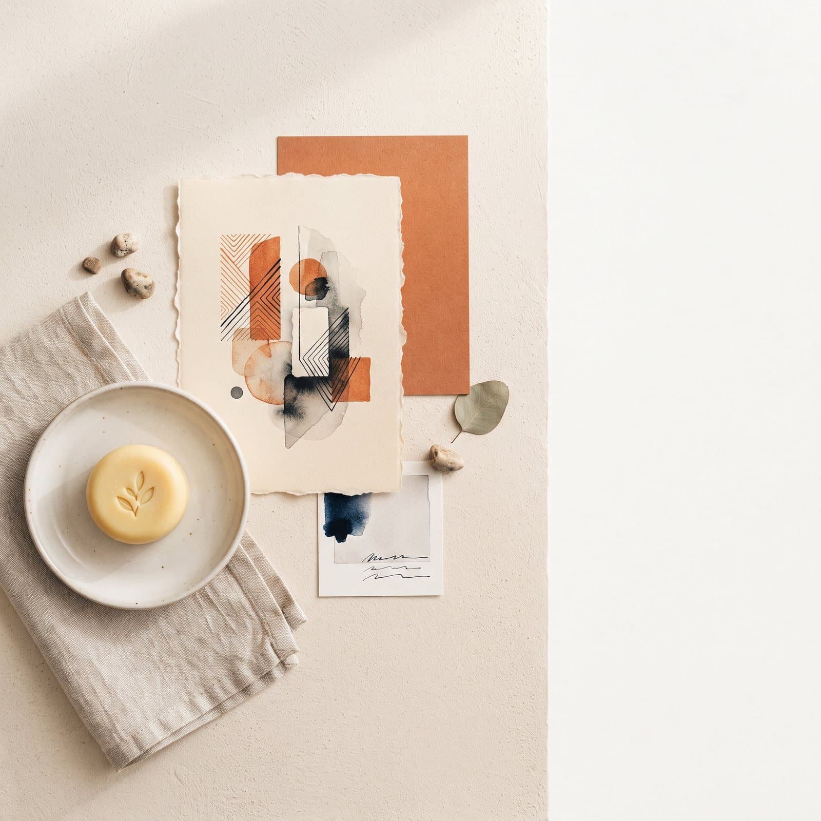 Editorial overhead flat lay of layered paper answer cards on a warm off-white Nordic surface, suggesting how a search answer box selects sources.