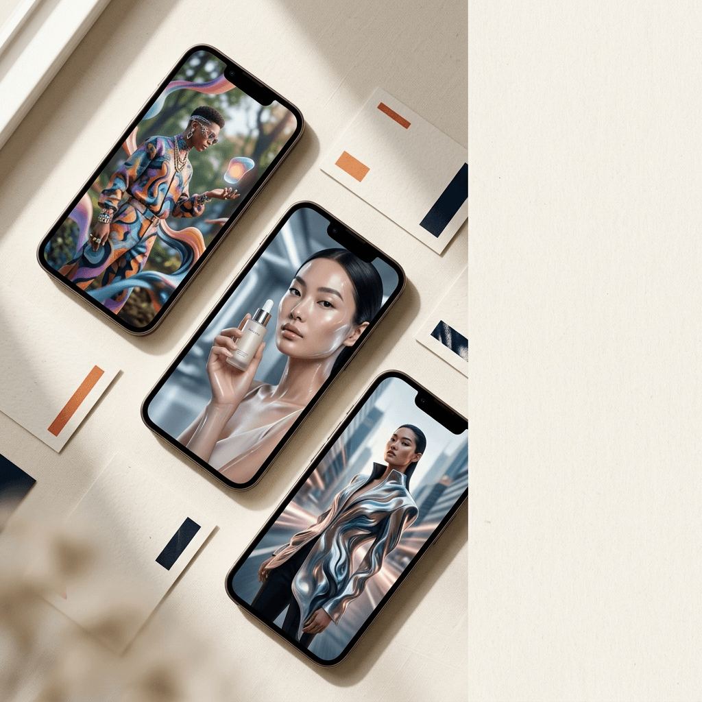Editorial overhead flat lay of two matte film canisters in burnt orange and deep ink on a warm white Nordic surface representing Kling 2 and Runway Gen-4 for UGC ads