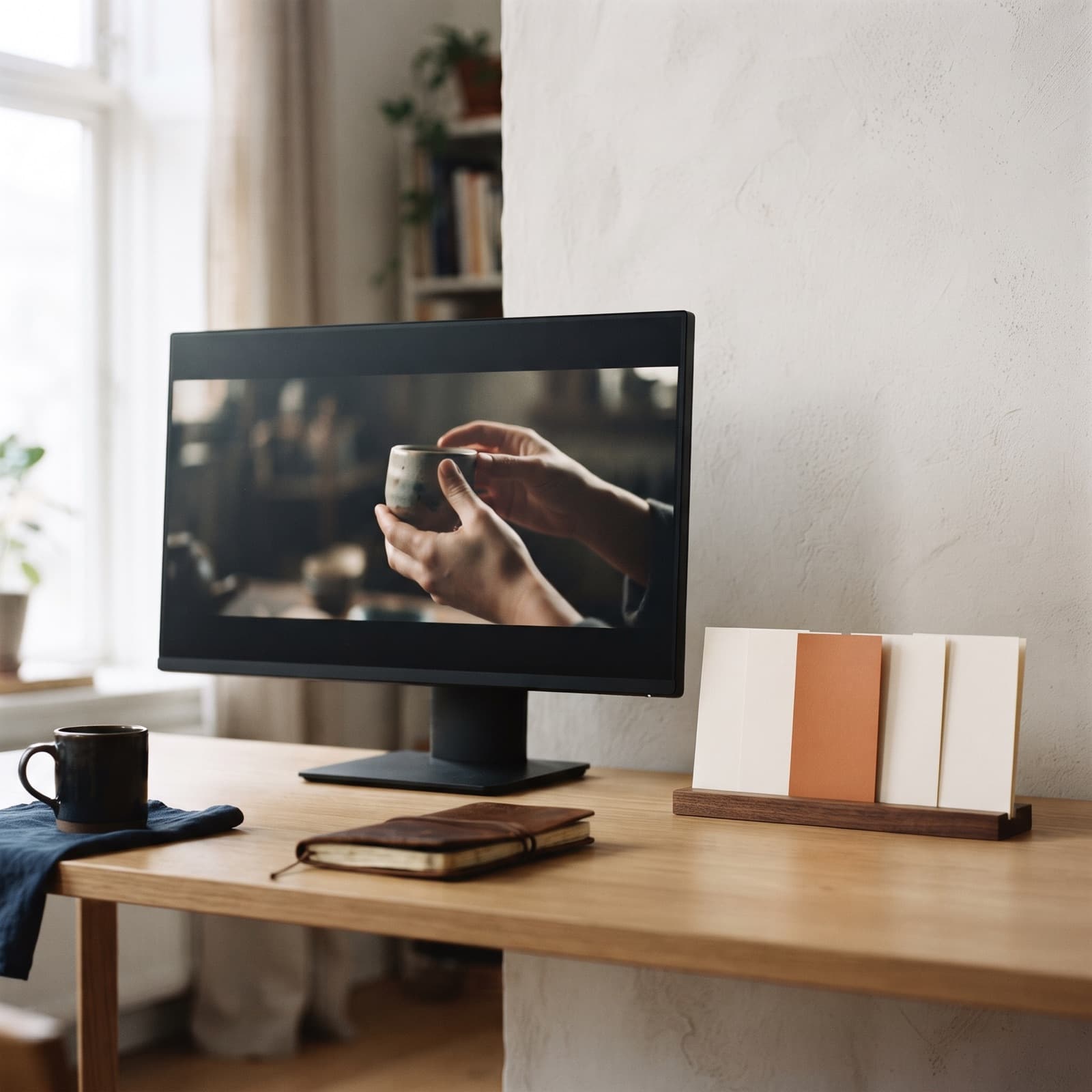 Editorial overhead scene of a field monitor and printed video frames showing the same presenter and product at wide, medium, and close shot sizes on a warm white studio table.