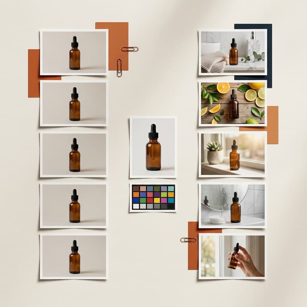 Overhead flat lay of three product photography comparison cards on a warm off-white Nordic studio surface