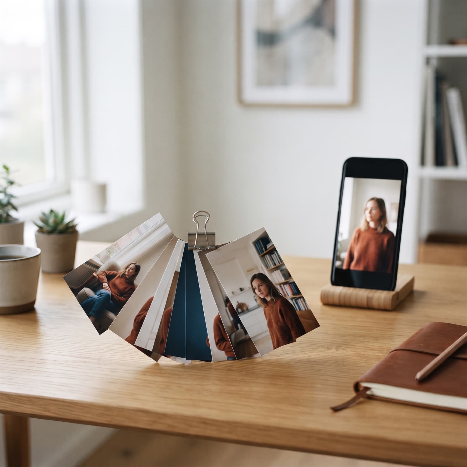 Editorial overhead scene of printed reference photo cards fanned beside a smartphone showing a blurred vertical UGC ad frame on a warm Nordic studio surface.