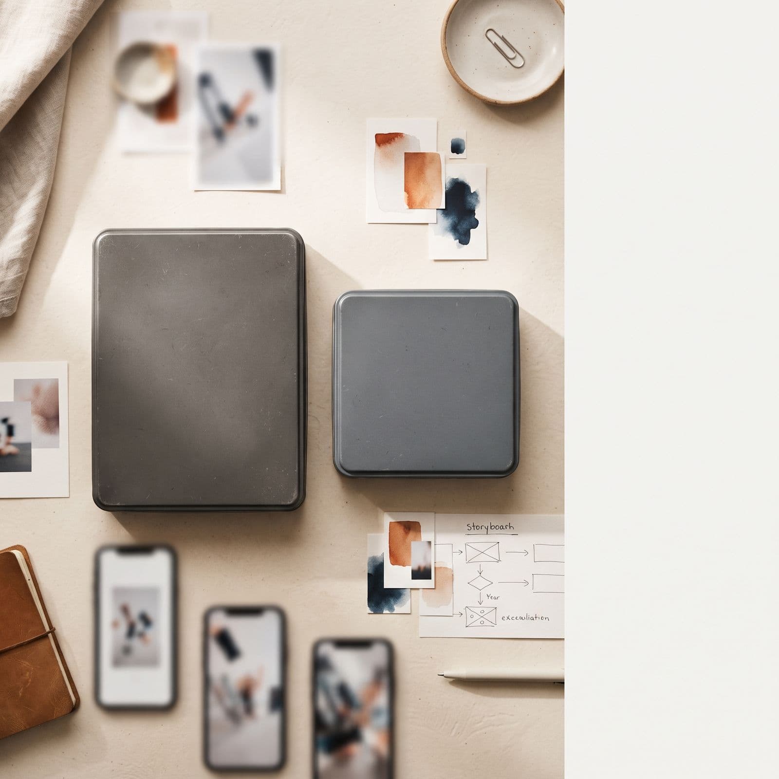 Editorial overhead flat lay of two matte film canisters on a warm off-white Nordic studio surface representing competing AI video models for ad production