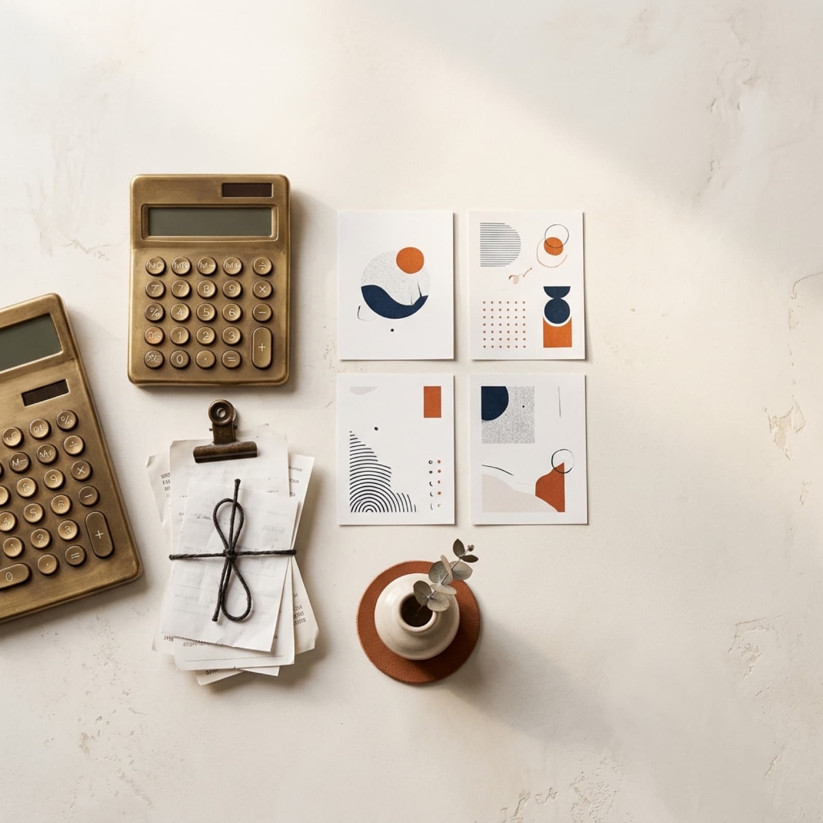 Editorial overhead flat lay of paper cards, a brass calculator, and small product cards on a warm off-white Nordic studio surface, suggesting a 2026 AI content production benchmark report