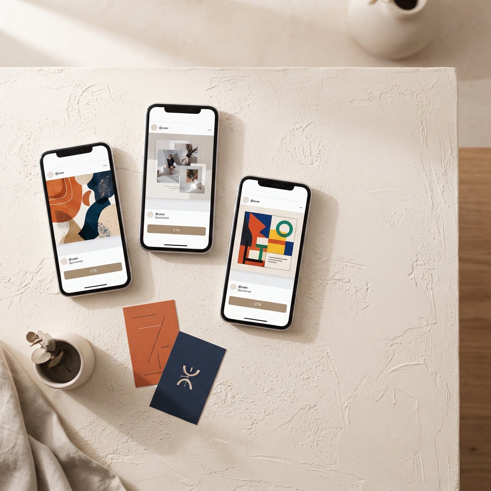 An overhead flat lay of square and vertical ad frames arranged as a Threads creative batch on a warm off-white Nordic surface