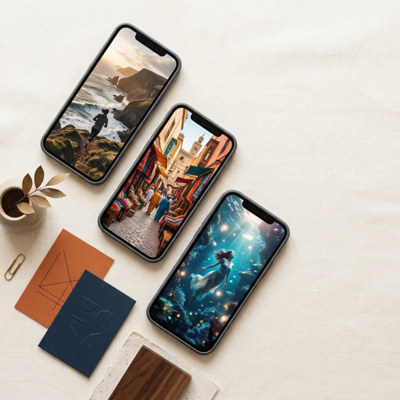Overhead flat lay of three vertical phone frames on a warm off-white Nordic surface, each showing a different AI generated ad video scene.