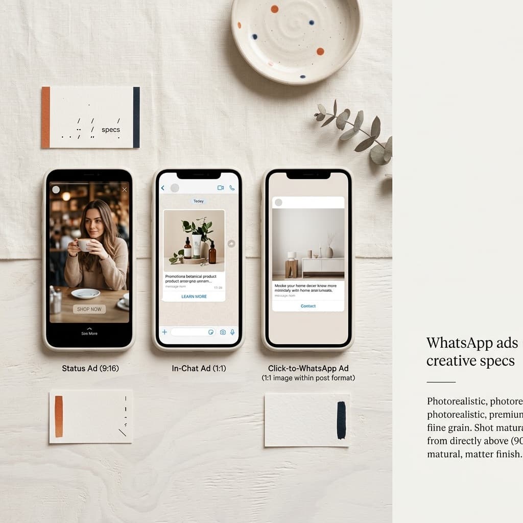 Overhead flat lay of three vertical phone frames showing full-screen 9:16 social ad placements on a warm off-white Nordic surface