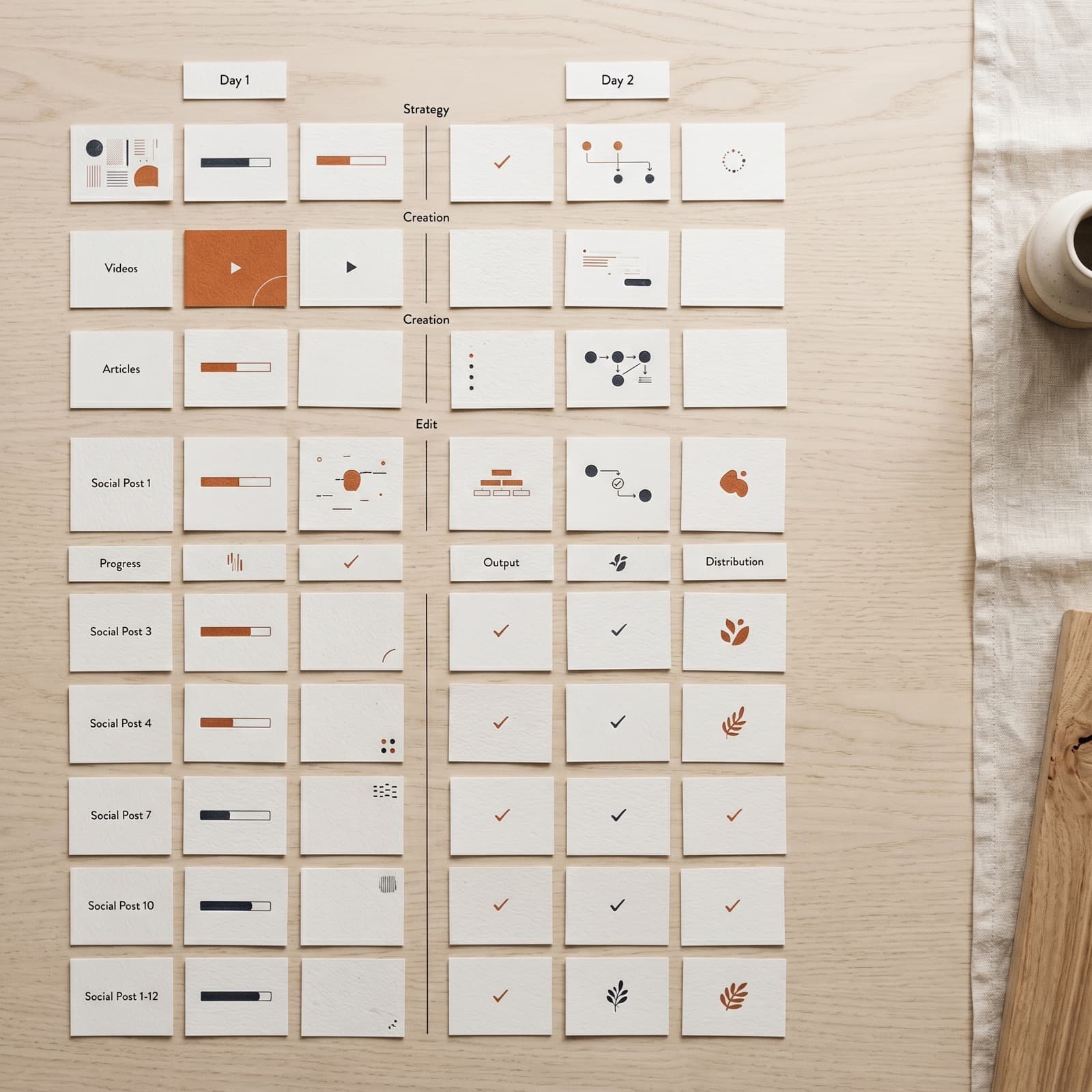 Redaktionel overhead flat lay af smaa papirkort arrangeret som en 48 timers produktionskalender paa en varm off-white nordisk studie-overflade med subtile burnt-orange og deep-ink accenter