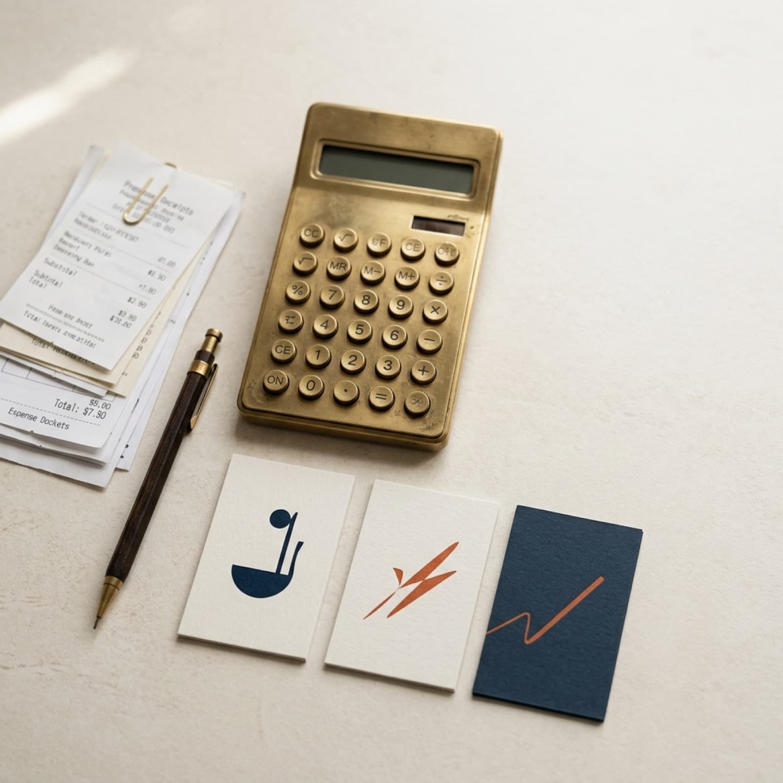 Overhead flat lay of a brass calculator, paper receipts, and small product cards on a warm off-white Nordic studio surface.