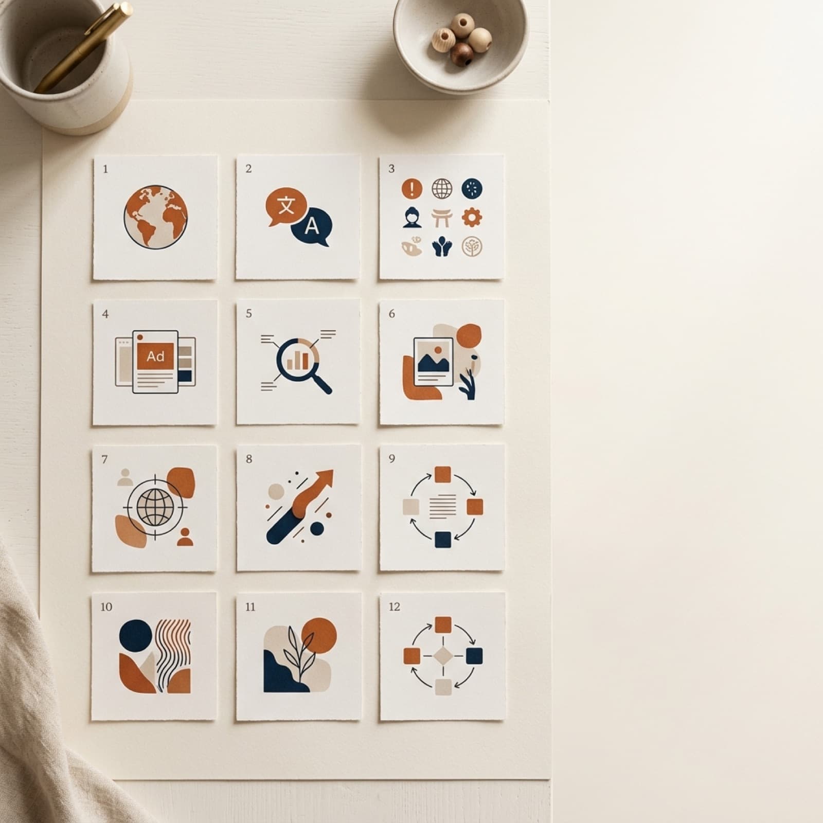 Overhead flat lay af ét produkt styled på fire måder til fire markeder på en varm offwhite nordisk overflade.