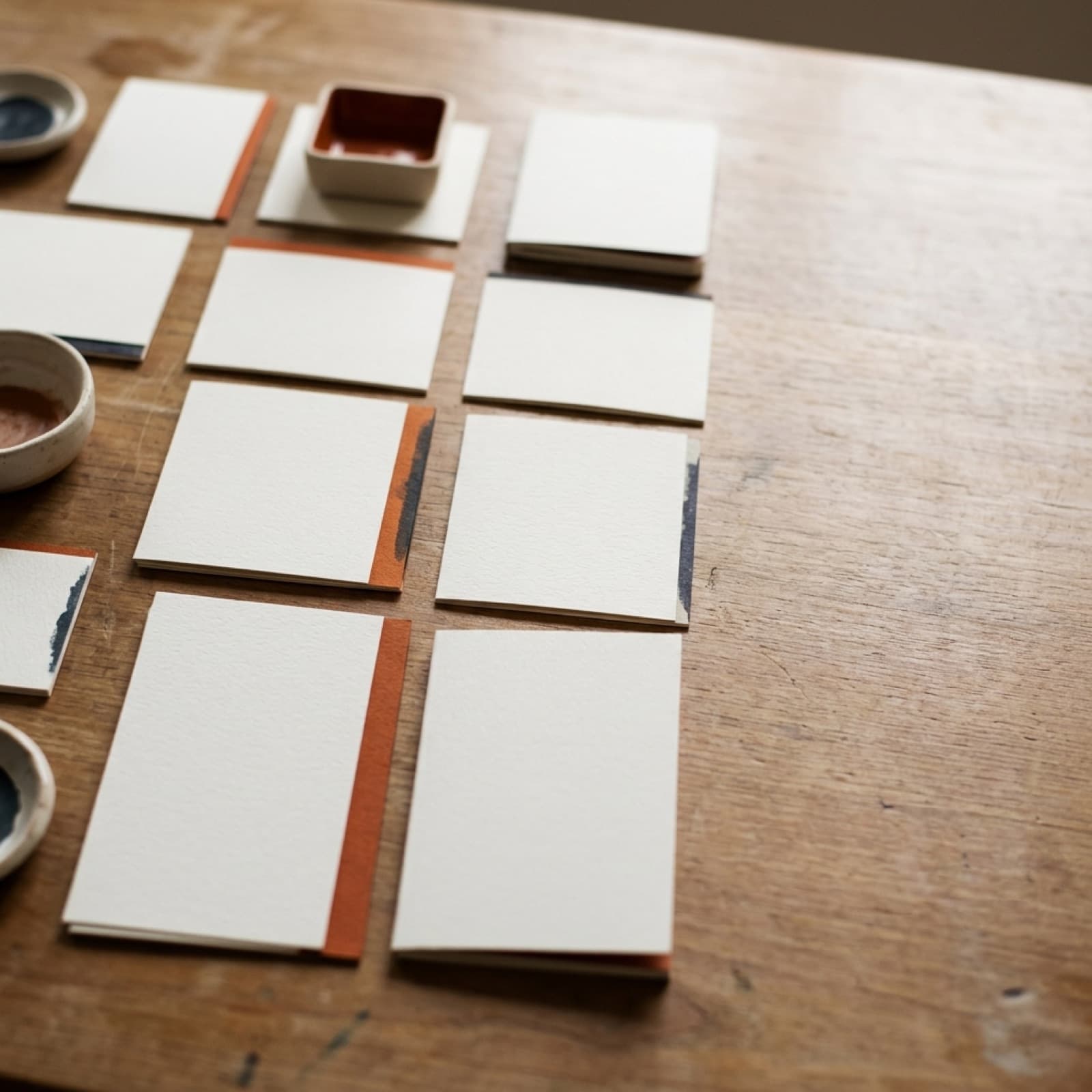 Overhead flat lay of small labelled paper cards arranged as a naming taxonomy on a warm off-white Nordic surface.