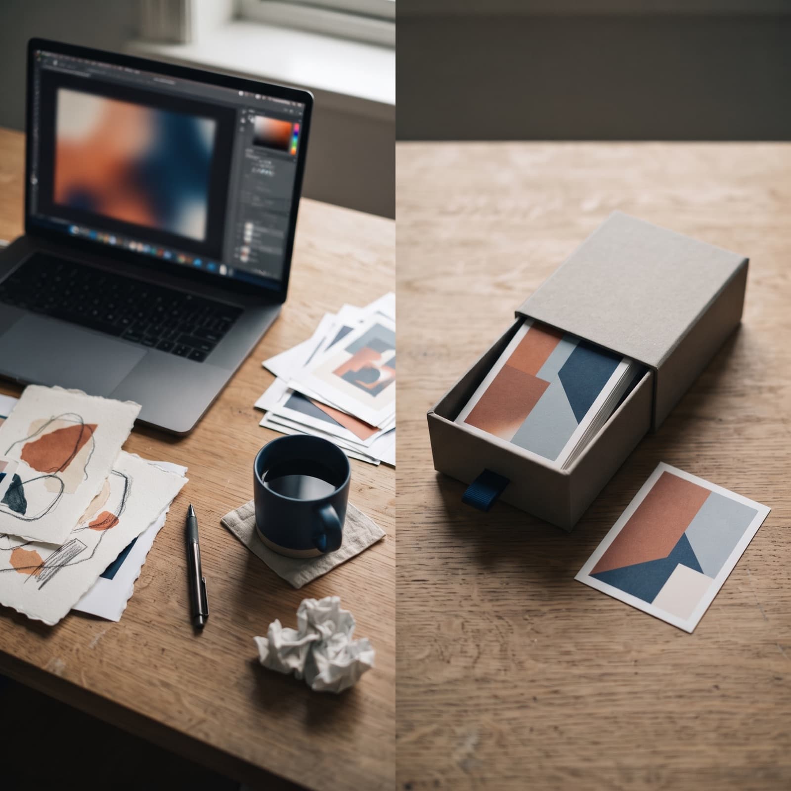 A split scene: on the left a work-in-progress desk with a laptop editing screen, sketches and a crumpled page; on the right a neat presentation box of finished ad cards.