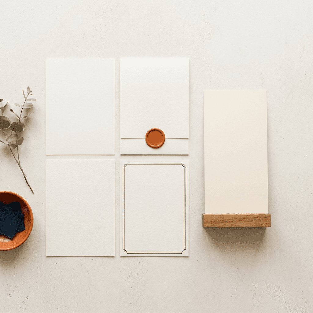 Overhead flat lay of small contract-style paper cards with a wax seal beside a blank vertical ad-frame card, on a warm off-white Nordic surface.