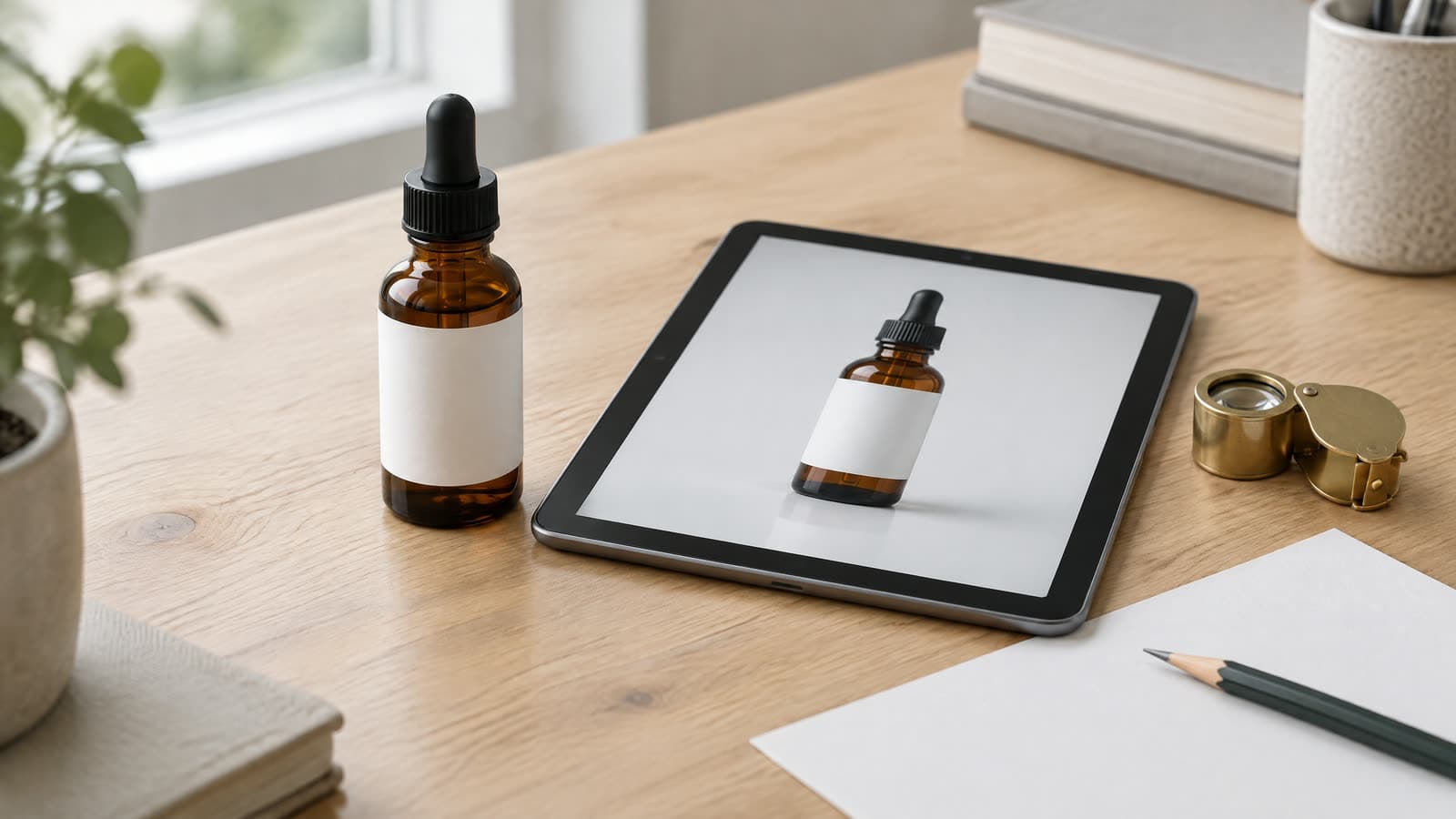 En ravfarvet dråbeflaske i glas med en blank hvid etiket på et træbord ved siden af en tablet, der viser et studiefoto af samme flaske, med en messinglup, en blyant og et ark papir ved siden af