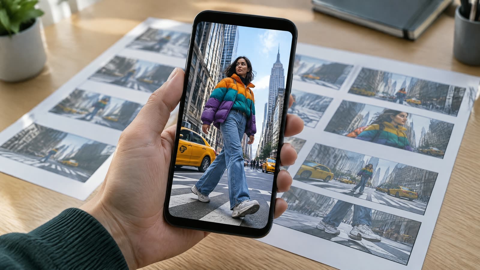 En hånd, der holder en mobiltelefon over et skrivebord med trykte storyboardbilleder, hvor skærmen viser en lodret videoannonce med en kvinde i en farverig dunjakke, der krydser en travl bygade