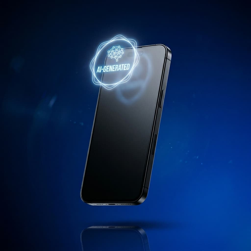 Redaktionel flat lay af tre telefonrammer med en Reel, et Feed-opslag og en Stories-annonce, arrangeret på en varm hvid nordisk studieflade med brændt orange og dyb blæk som farveaccenter.