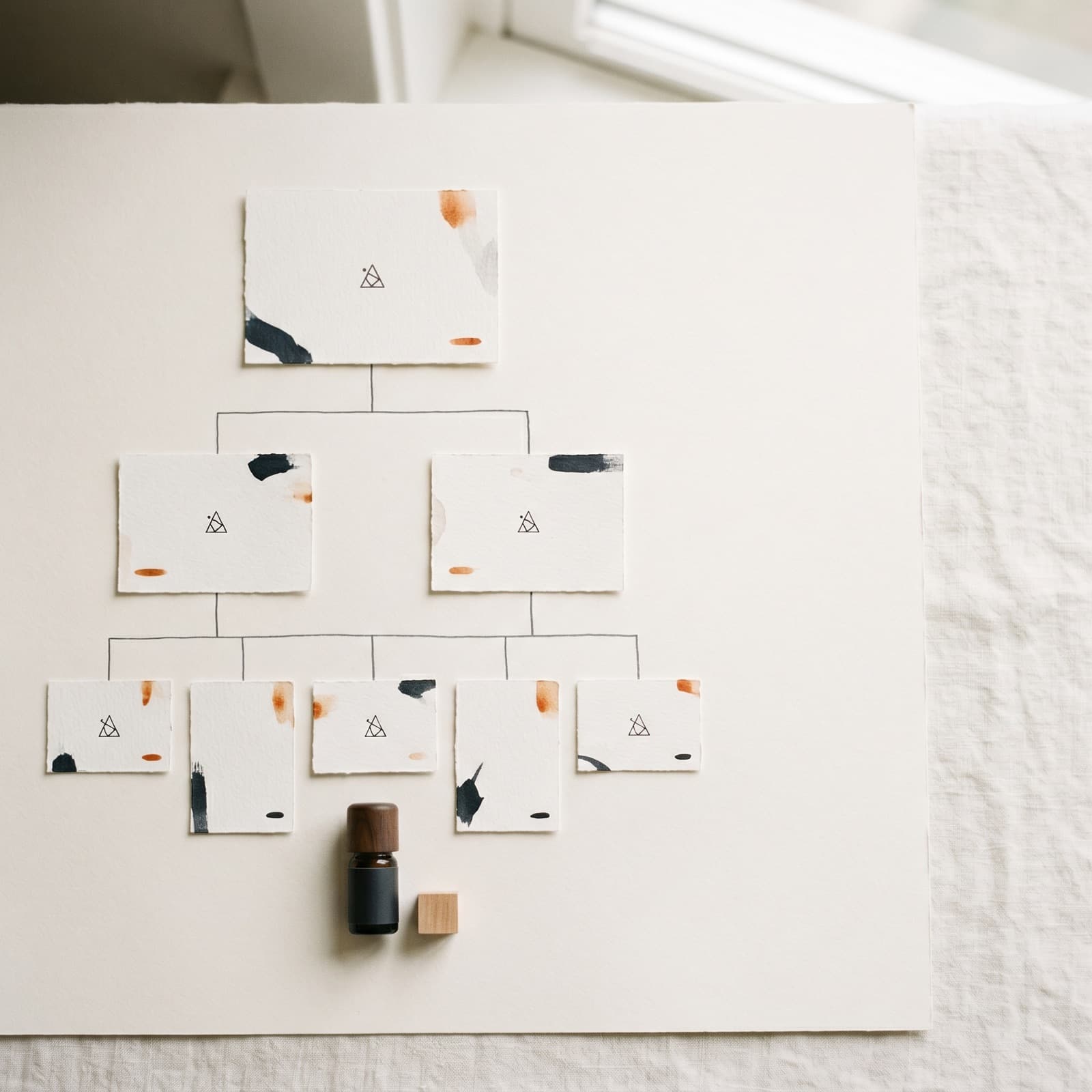 Overhead flat lay af små nummererede papkort arrangeret som et organisationsdiagram på en varm offwhite nordisk overflade.