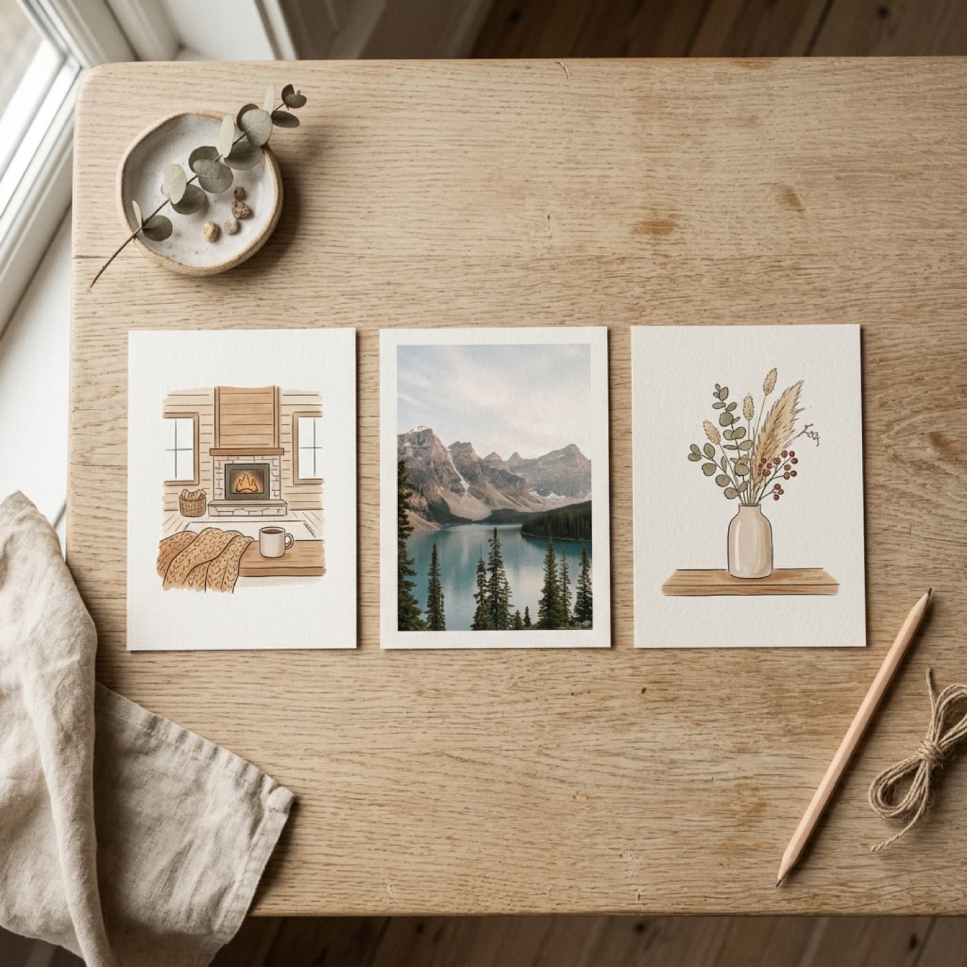 Redaktionel oversigts-flat lay af tre mærkede papkort (DIY, retainer, bureau), en messing-regnemaskine og en lille stak kvitteringer på en varm off-white nordisk studieflade med brændt orange og dyb blæk accenter.