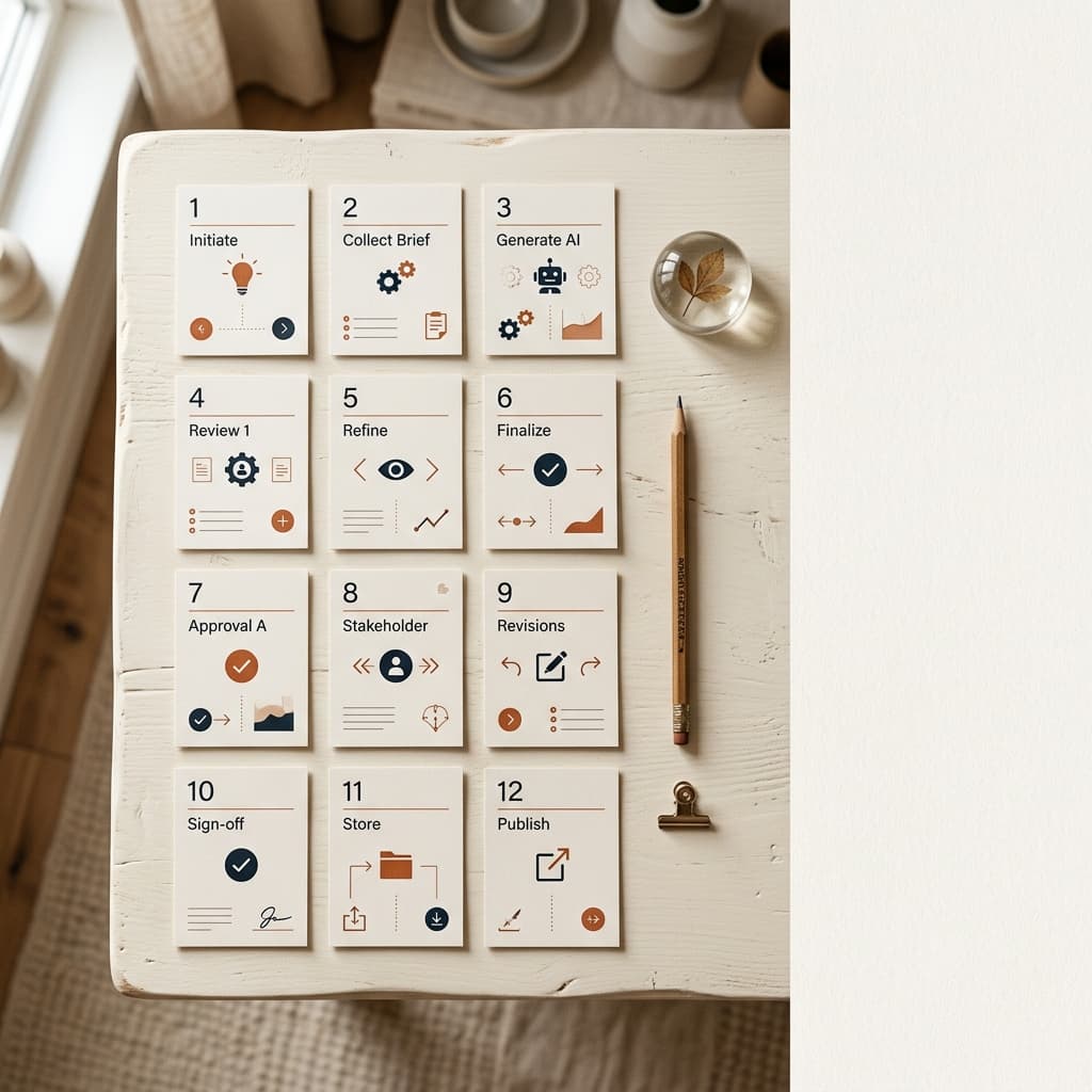 Overhead flat lay af små nummererede papkort arrangeret som godkendelses-tiers på en varm offwhite nordisk overflade.
