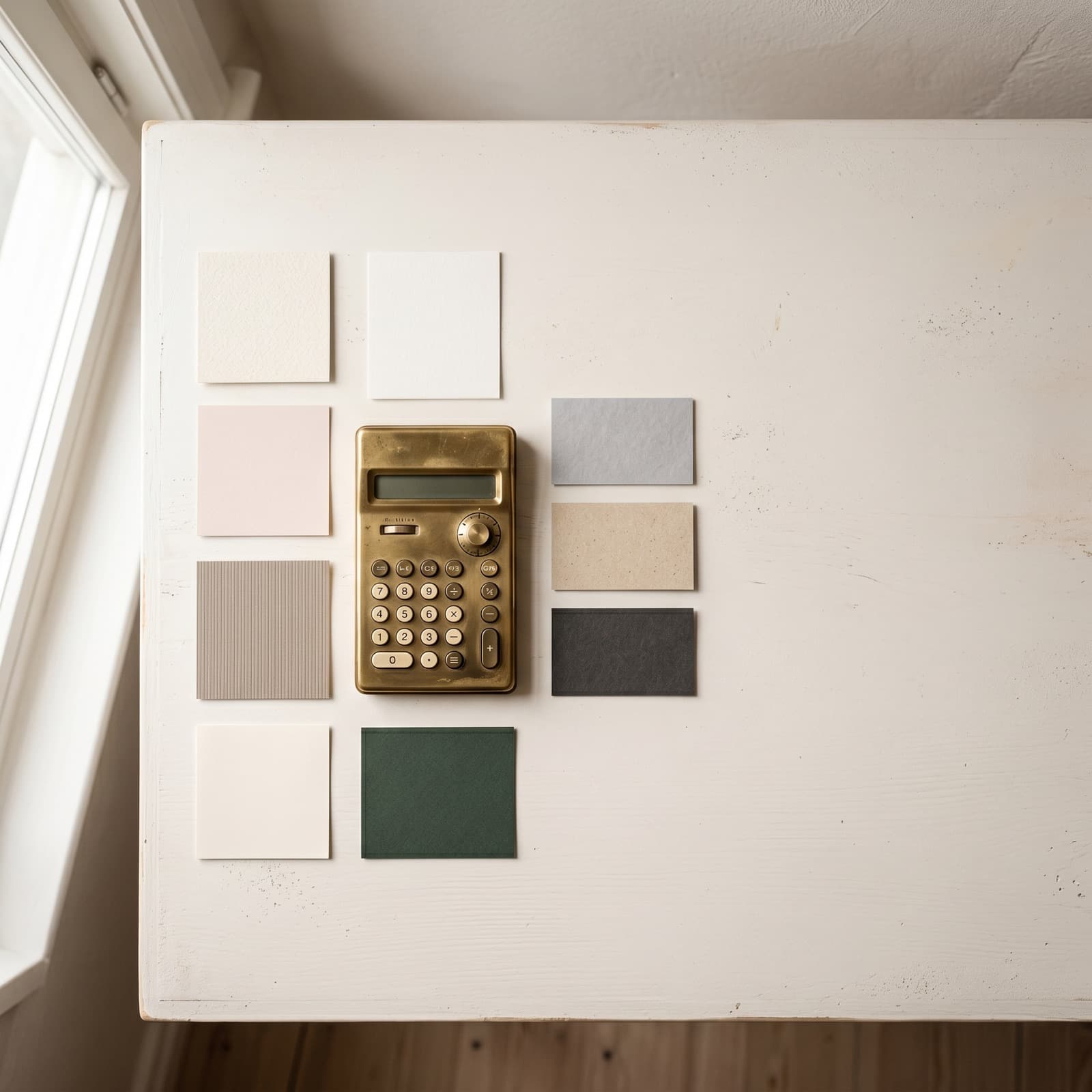 Redaktionel overhead flat lay af papirkort med CPM-, CTR- og ROAS-etiketter på en varm off-white nordisk studieoverflade, der antyder en 2026 AI-kreativ-benchmark-rapport
