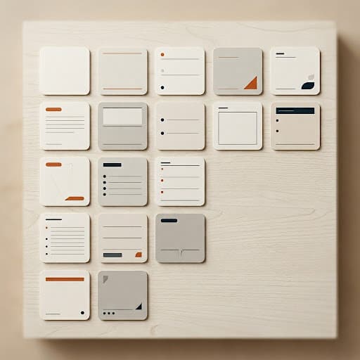 Editorial overhead composition of a modular grid of paper brief cards with brand lock notes, model route tags, and kill criteria stamps, arranged on a warm off-white Nordic studio surface with burnt orange and deep ink accents.