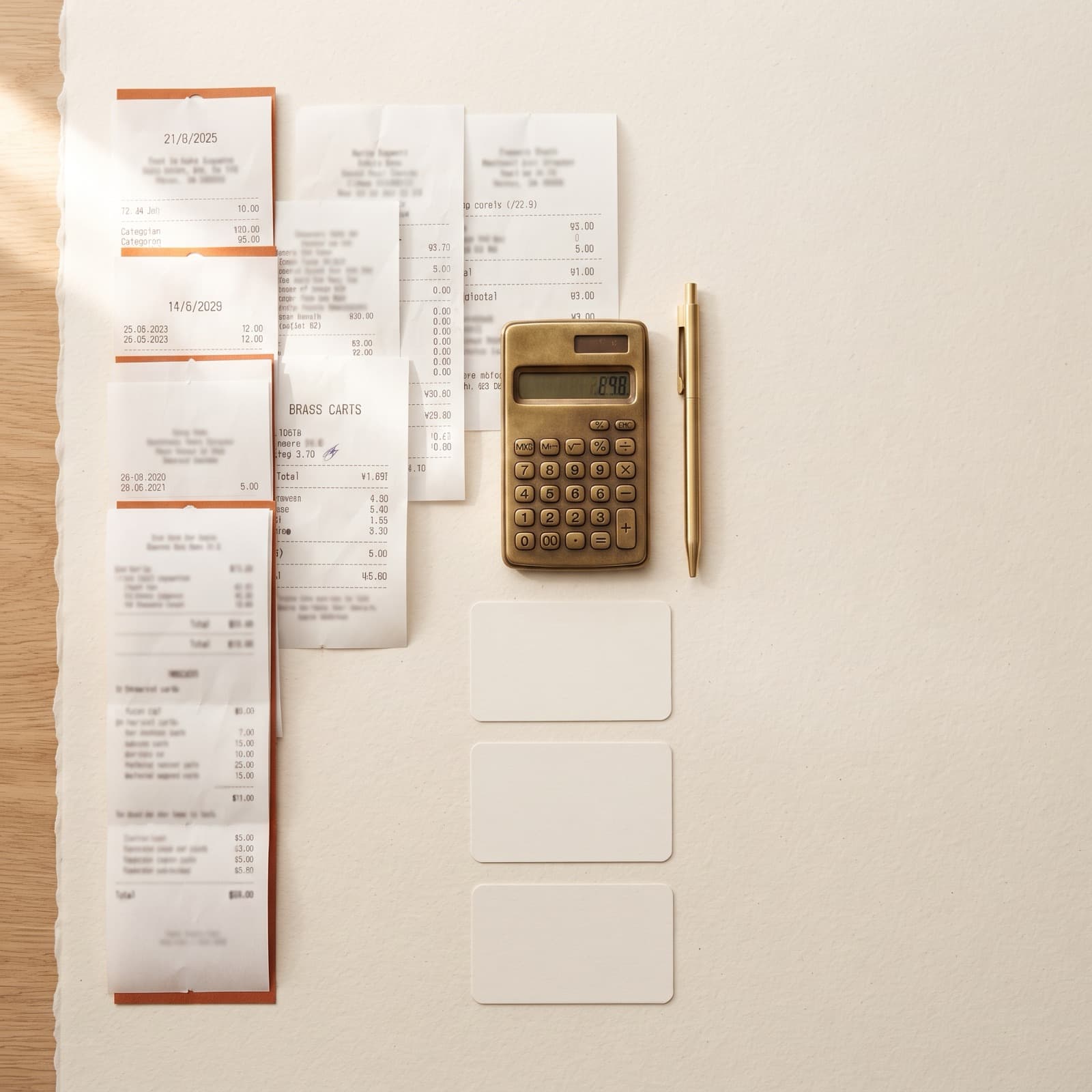 Redaktionelt flat lay af papkvitteringer, en lommeregner og små produktkort på en varm offwhite nordisk overflade, der antyder pris per konvertering-benchmarks.