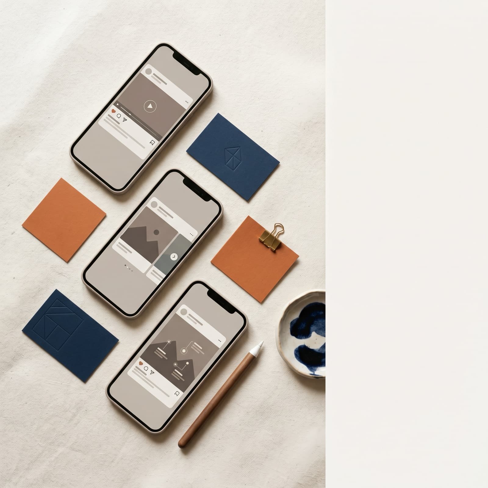 Redaktionel flat lay af tre telefonrammer, der viser et Meta-annoncesæt med kreativ træthed, med små papkort, der markerer frekvens, CTR og pris pr. resultat på en varm hvid nordisk studieflade med brændt orange og dyb blæk som accenter.