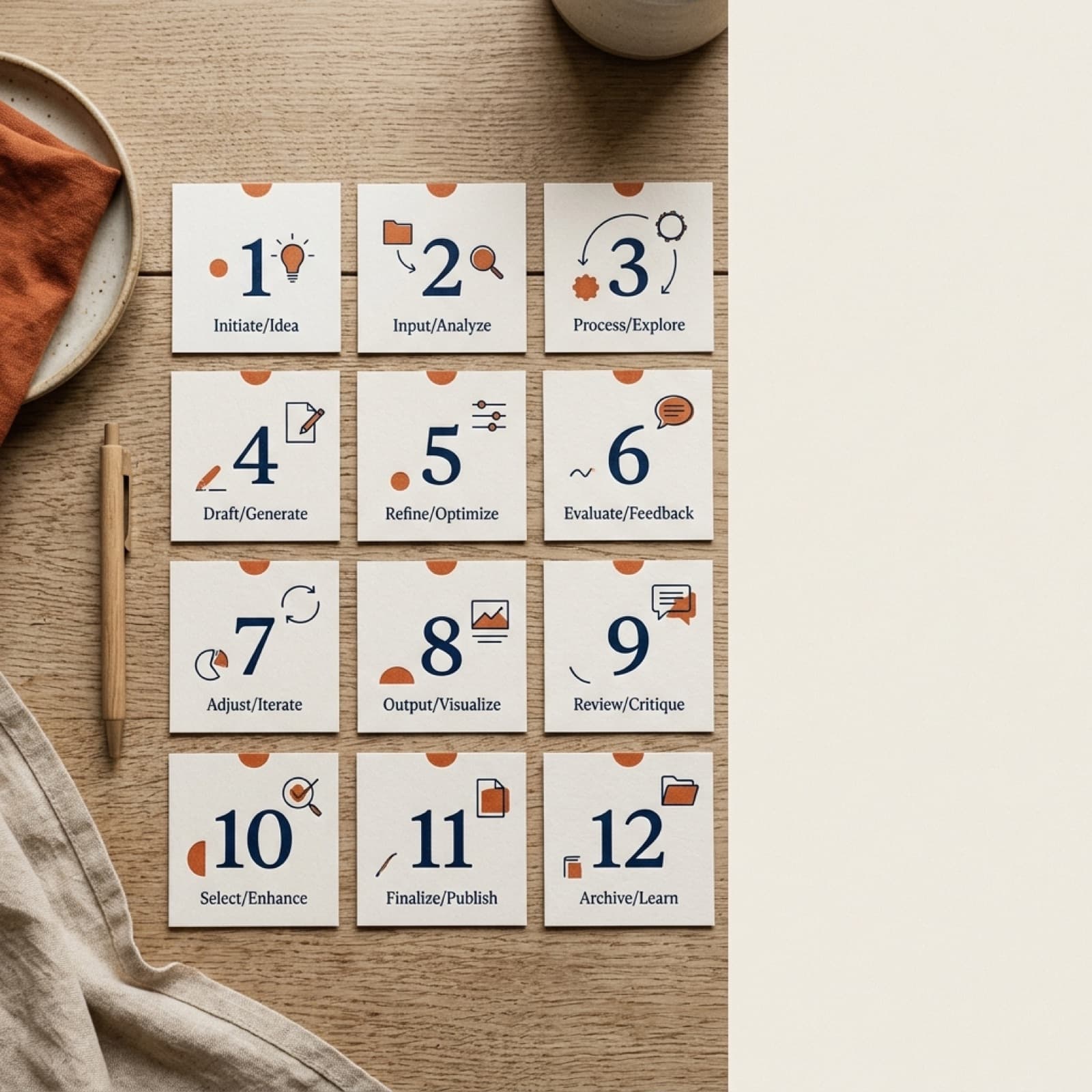 Overhead flat lay of numbered paper cards arranged as a repeating loop on a warm off-white Nordic surface.
