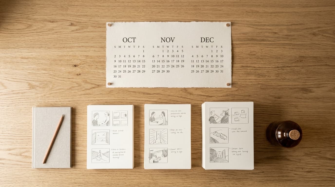 Et lyst egetræsbord set oppefra med en kalender over tre måneder, tre stakke skitserede storyboards til annoncer, en notesbog og en brun glasflaske