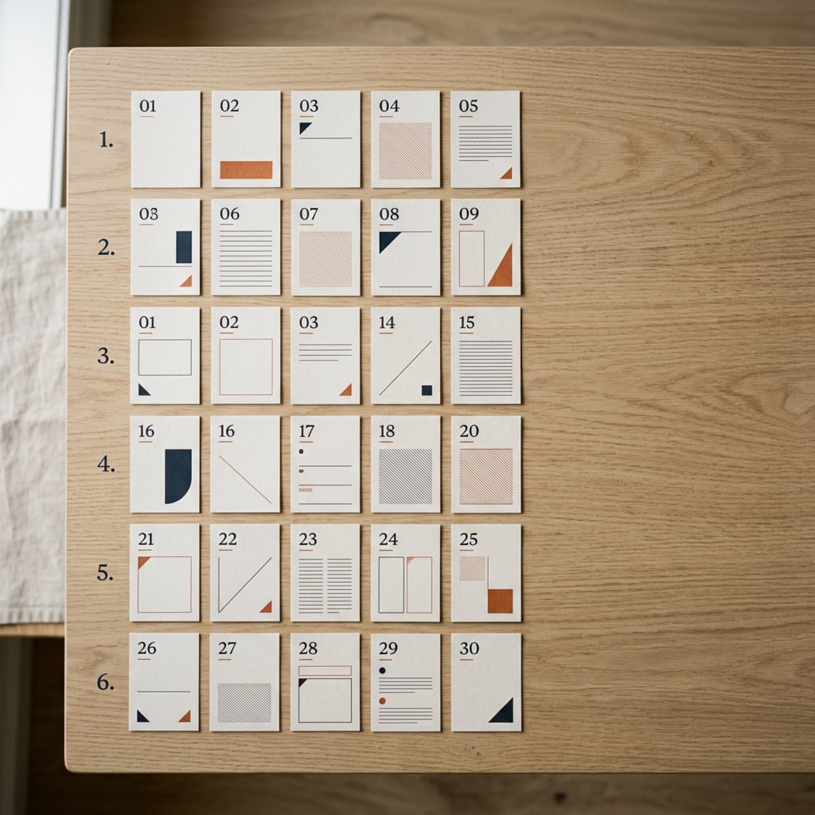 Redaktionel oversigts-flat-lay af et modulært gitter af små nummererede papkort på en varm off-white nordisk studieflade med brændt orange og dyb blæk-accenter, der antyder vindende hooks revet ned og samlet i familier.