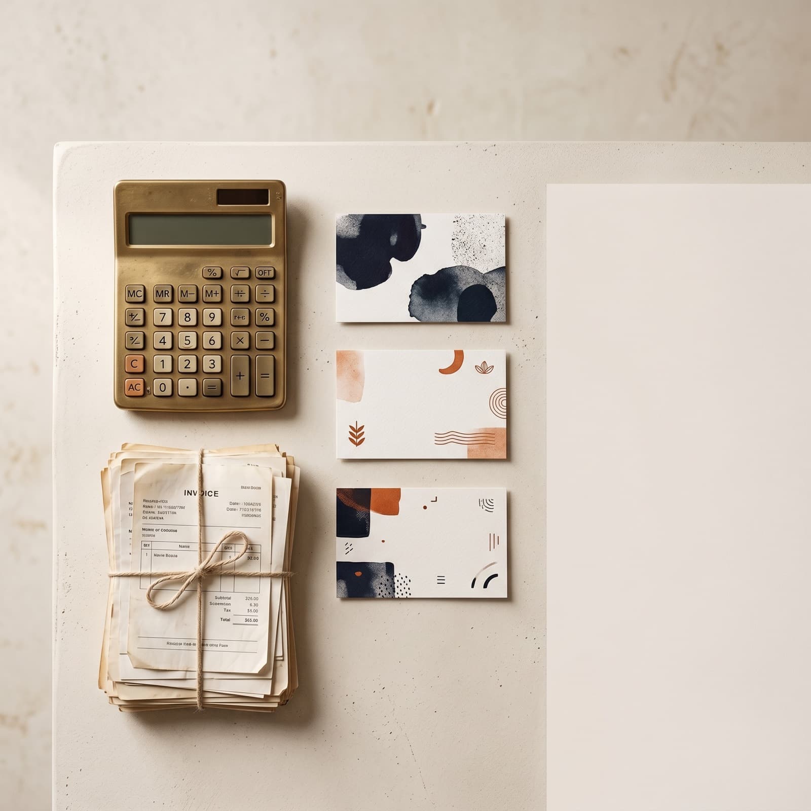 Redaktionel oversigts-flat lay af små printede produktbillede-kort mærket med euro-priser, en messing-regnemaskine og stablede kvitteringer på en varm off-white nordisk studieflade med brændt orange og dyb blæk-farveaccenter.
