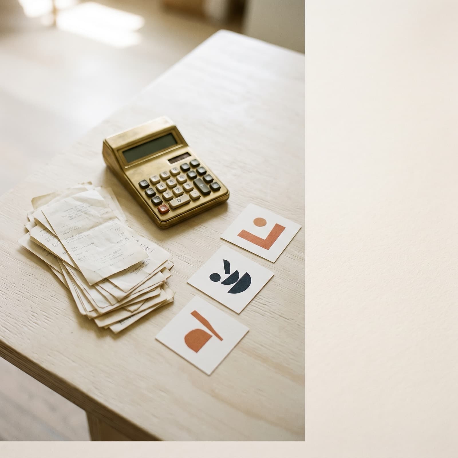 Flat lay af kvitteringer, en lommeregner og produktkort, der sammenligner AI UGC annoncepris med creator-honorar paa en varm off-white nordisk overflade