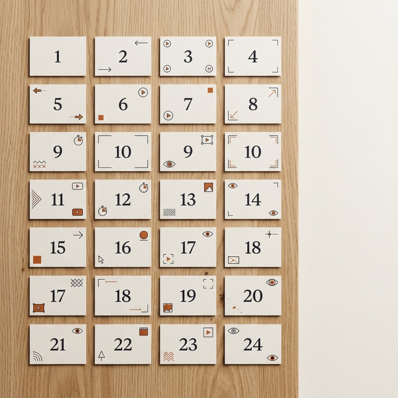 Redaktionel oversigts-flat-lay af et modulært gitter af små nummererede papkort på en varm off-white nordisk studieflade med brændt orange og dyb blæk-accenter, der antyder et tagget hook-bibliotek.