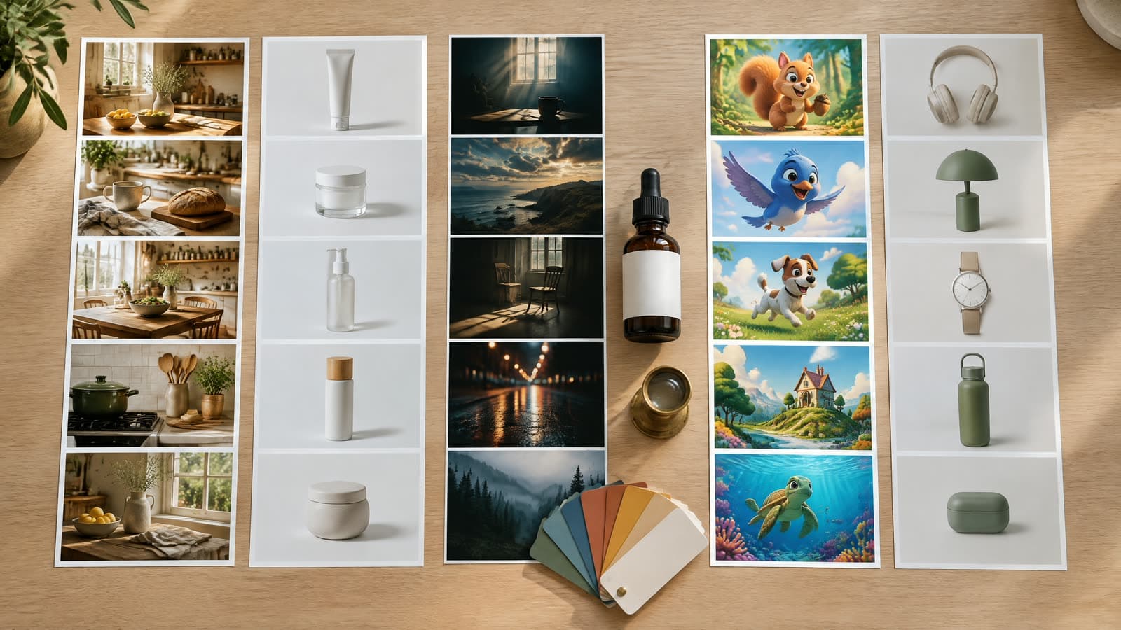 Five columns of printed ad frames on a pale oak table, each column in a different visual style, with a real amber glass dropper bottle, a brass loupe and colour swatch cards between them