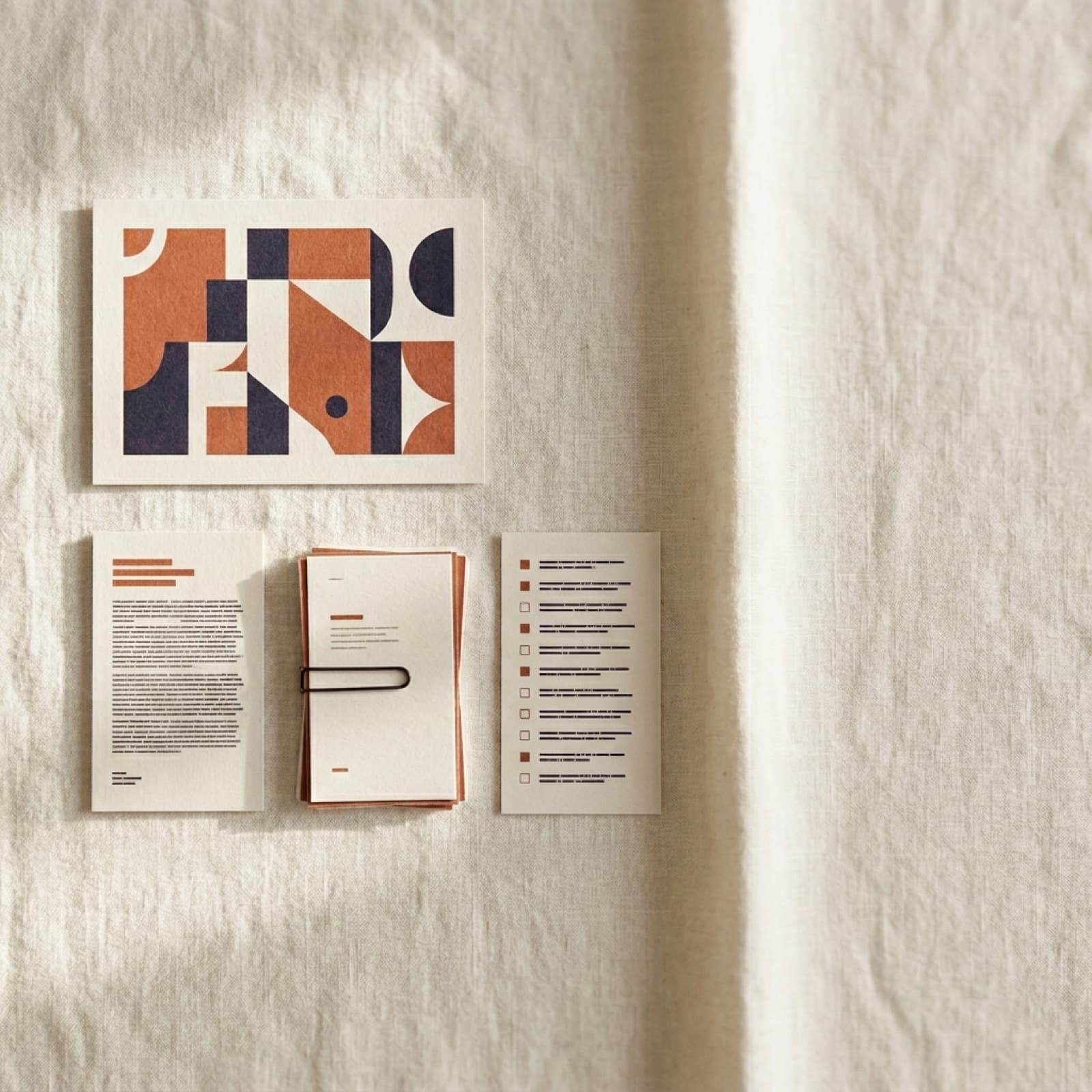Redaktionel oversigts-flat lay af et brand lock-kit på varmt off-white linned: et trykt hero-referencekort, et typografisk style-prompt-kort, en stak negative prompt-poster og en 12-punkts tjekliste med brændt orange og dyb blæk som accenter.